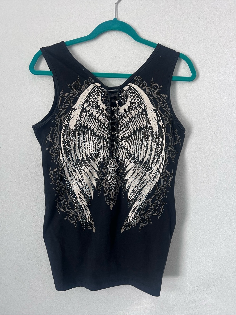 From Los Angeles Y2K Angel Wings Rhinestone Lace Up Tank Top Size L Black Grunge